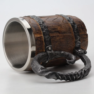 Detailed macro shot of vintage barrel mug with resin wood texture and stainless steel liner