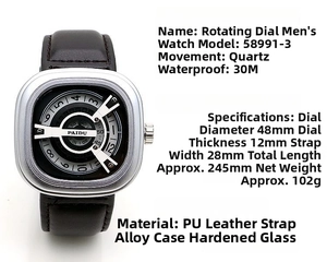 Detail view of square punk quartz watch with rotating dial and brown leather strap
