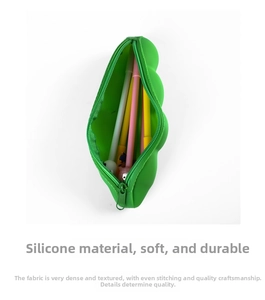 Creative green pea silicone pencil case with zipper closure showing interior storage space