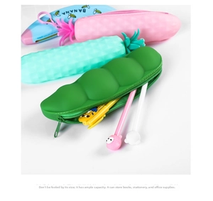 Detailed view of flexible silicone fruit and vegetable shaped pencil cases with zippers