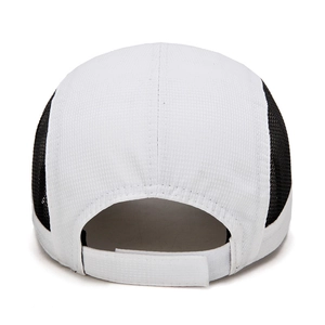 Rear view of white baseball cap with black mesh panels and adjustable velcro strap