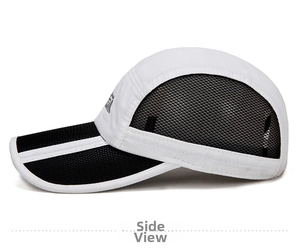 Detail of the side mesh panels and gray logo on the black and white baseball cap
