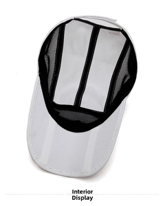 Detail of white baseball cap interior showing black breathable mesh lining and seam binding