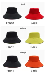 Detail of reversible sun hat in red, yellow, and orange with black lining and wide brim