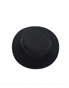 Top down view of black sun hat showing wide brim stitching and minimalist fabric texture