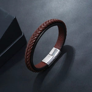 Brown braided and black smooth leather bracelet with silver magnetic buckle for men