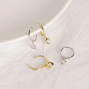 Minimalist S925 sterling silver hoop earrings with clear round cubic zirconia drops
