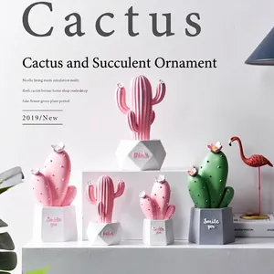 Nordic artificial pink cactus resin ornament with geometric pot for home decor