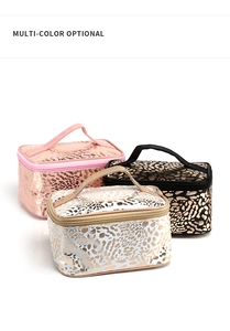 Three large capacity leopard print cosmetic bags in pink, black, and white colors