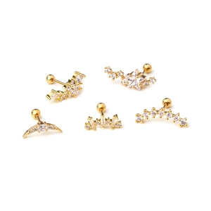 Five-piece gold stainless steel helix stud set with zircon star and moon designs