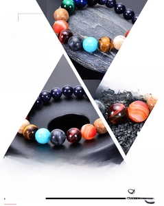 Macro detail of natural stone beads representing solar system planets on a woven bracelet