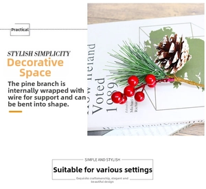 Detail showing artificial pine branch with red berries and bendable wire core for DIY decor