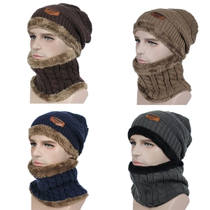Winter thermal knit beanie and neck warmer set with thick fleece lining in four colors