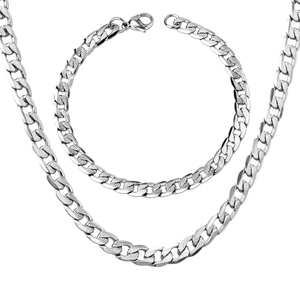 Men's hip hop silver stainless steel cuban chain necklace and bracelet jewelry set