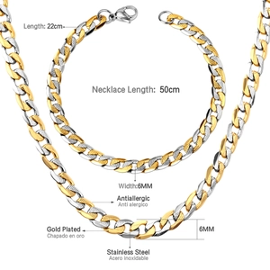 Detail of 6mm two-tone stainless steel cuban link chain set with size specifications