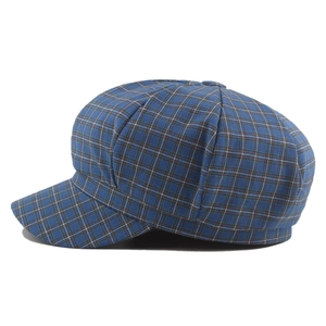 Classic blue plaid octagonal baker boy hat for women in vintage Japanese style
