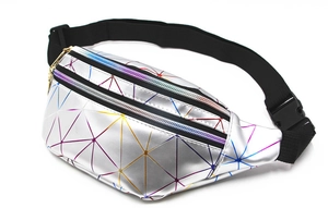 Close-up of holographic geometric fanny pack showing dual zippers and adjustable strap