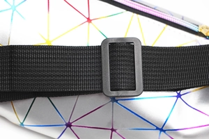Macro shot of durable black webbing strap and plastic adjustment buckle on laser waist bag