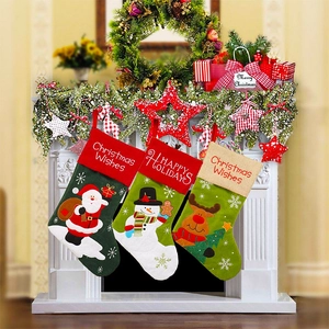 Christmas Stocking Santa Snowman Reindeer Embroidered Linen Non-Woven Hanging Gift Bag Holiday Decor