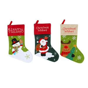 Three Christmas stockings with Santa, Snowman and Reindeer patterns on white background