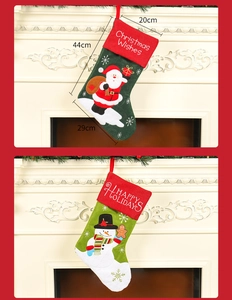 Detailed size chart for Christmas stockings featuring Santa and Snowman embroidery
