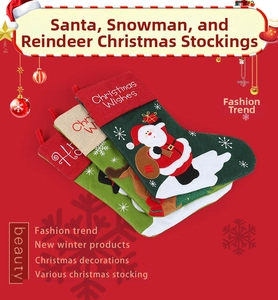 Three embroidered Christmas stockings featuring Santa, Snowman, and Reindeer on a red background