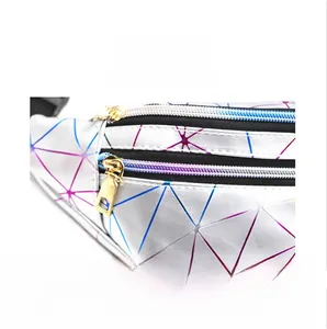 Detailaufnahme der Lasertasche mit doppelten goldenen Reißverschlüssen und geometrischem Muster