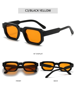 Detail view of vintage chunky square sunglasses featuring C3 black yellow color contrast