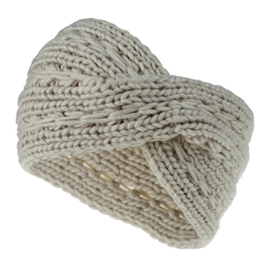Close-up of cream chunky knit headband showing soft acrylic texture and twist knot