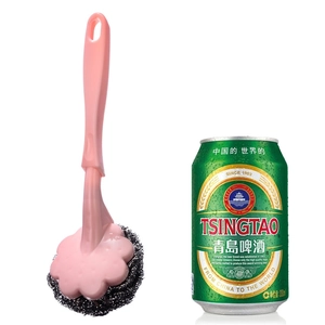 Pink long handle steel wire ball brush for heavy duty kitchen pot and dish cleaning