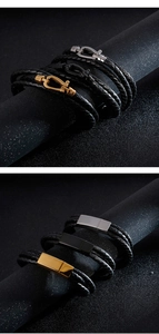 Detail of multi-layer braided leather bracelets with horseshoe and magnetic metal clasps