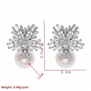 Detail view of snowflake zircon earrings with 12mm pearls showing size and 2.7cm length