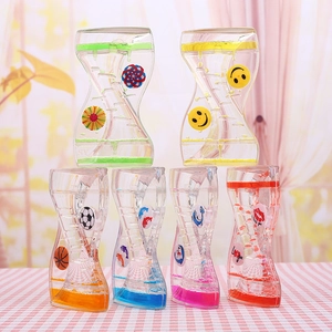 Colorful liquid motion hourglass timers with floating icons in six vibrant colors