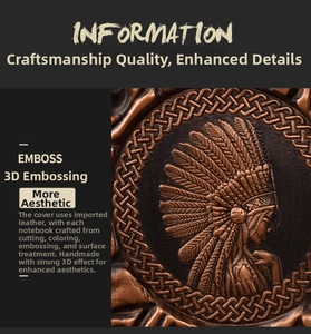 Macro detail of hand-carved vintage leather notebook with 3D embossed Indian chief design