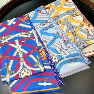 Classic double-layer silk twill scarf with vintage horse buckle and belt print patterns
