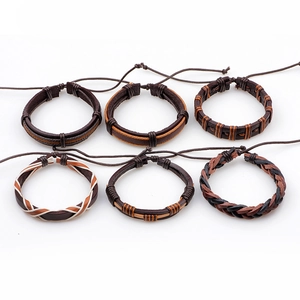 Six-piece set of vintage leather braided bracelets for men with various textures and colors