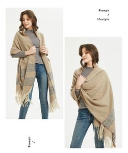 Detail of soft cashmere-feel checkered scarf with fringe trim in khaki and blue