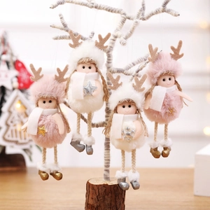 Set of four handmade plush Christmas girl dolls with reindeer antlers for tree decoration
