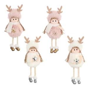 Set of 4 plush reindeer girl Christmas tree hanging ornaments in pink and white