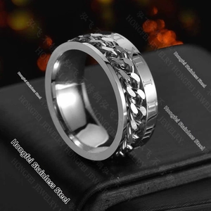 Close-up of polished stainless steel ring with Roman numerals and chain inlay detail