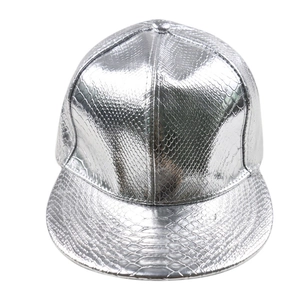 Silver snakeskin pattern hip-hop flat brim baseball cap with metallic PU leather finish