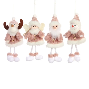 Rosa-weiße Weihnachts-Plüschfiguren als Anhänger mit Weihnachtsmann, Schneemann und Rentier