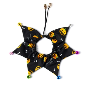 Halloween pet collar with star patterns, pumpkin prints, and multi-colored bells
