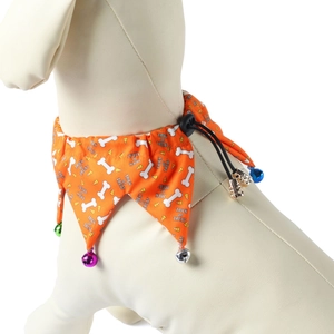 Adjustable Halloween pet collar with bells, orange trick or treat bone pattern scarf