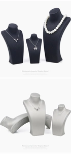 Detail view of portrait jewelry display busts in black velvet and silver grey matte leather