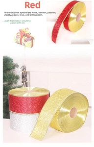 Detail of 10cm glitter ribbons in red gold and silver for Christmas gift wrapping