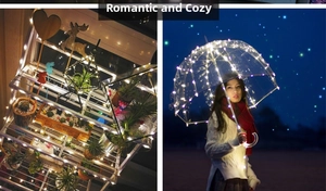 Creative uses for warm white LED fairy lights on plants and transparent umbrellas