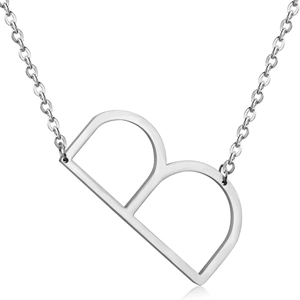 Macro shot of silver stainless steel pendant necklace featuring a polished letter B initial