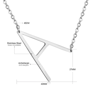 Macro view of stainless steel letter A pendant with exact dimensions and chain length