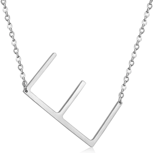 Detailed view of a silver letter E pendant necklace with polished stainless steel finish